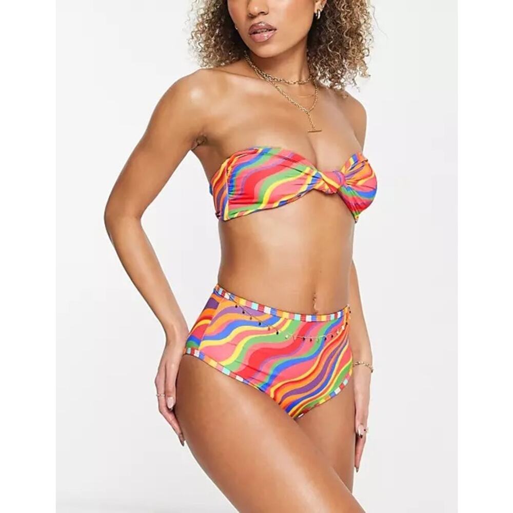 Its Now Cool by Free People Waisted Duo Pant and Bandeau Rainbow Bikini Set XS